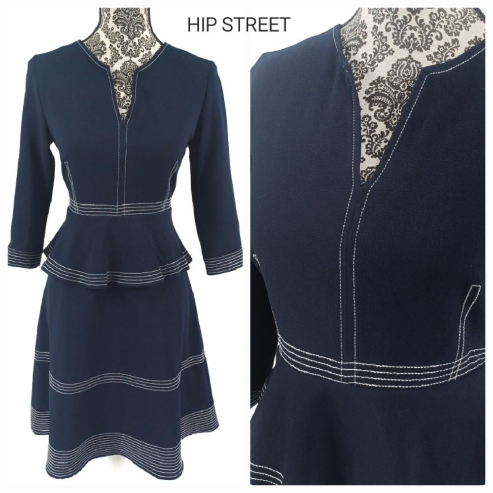 Banana Republic Navy Blue Peplum Dress with White Contrast Stitching